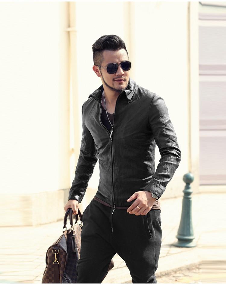 Men's Spring/Autumn Retro Genuine Leather Zippered Slim Jacket With Stand Collar