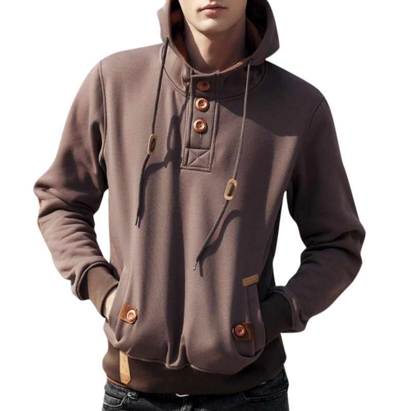 Mens Casual Vintage Button Drawstring 100%Cotton Solid Color Hoodies