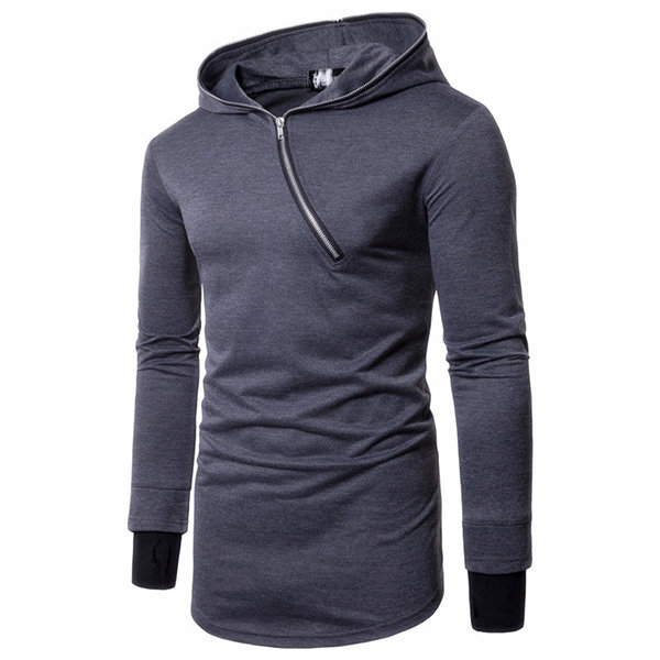 Mens Stylish Diagonal Zipper Design Hooded Casual Regular Fit Thin Cotton Hoodies