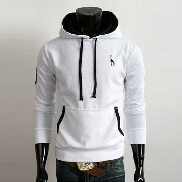 Mens Casual Deer Embroidery Hoodies Solid Color Front Big Pocket Sport Hooded Tops