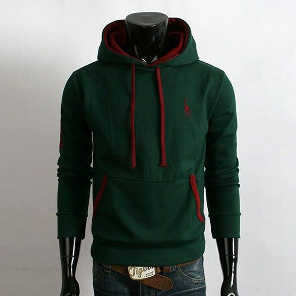 Mens Casual Deer Embroidery Hoodies Solid Color Front Big Pocket Sport Hooded Tops