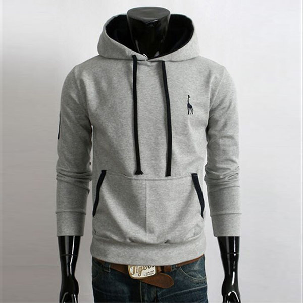 Mens Casual Deer Embroidery Hoodies Solid Color Front Big Pocket Sport Hooded Tops