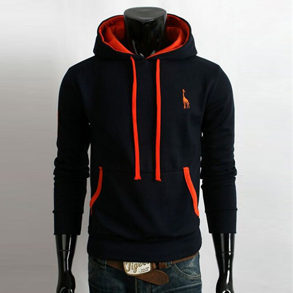 Mens Casual Deer Embroidery Hoodies Solid Color Front Big Pocket Sport Hooded Tops