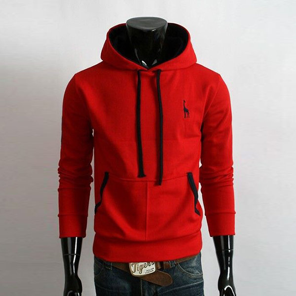 Mens Casual Deer Embroidery Hoodies Solid Color Front Big Pocket Sport Hooded Tops