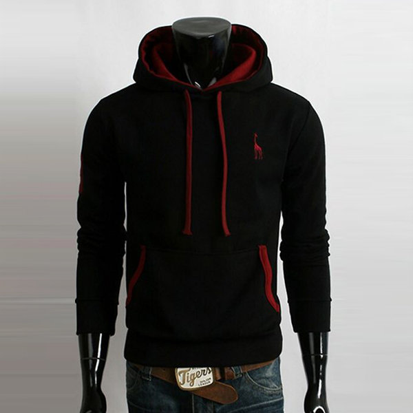 Mens Casual Deer Embroidery Hoodies Solid Color Front Big Pocket Sport Hooded Tops