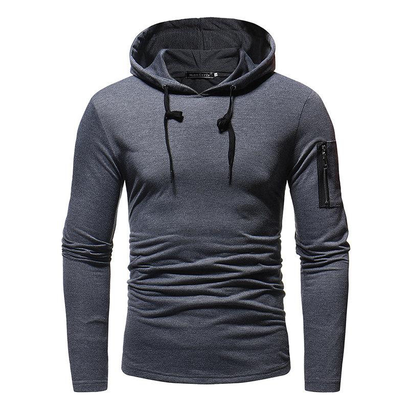 Mens Fashion Sports Solid Color Arm Zipper Decoration Stiching Hoodies