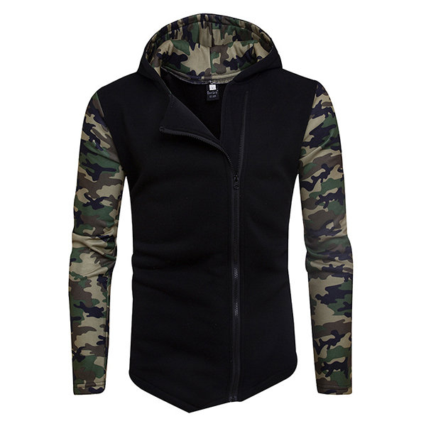 Mens Fashion Camouflage Hoodies Diagonal Zip Up Patchwork Hip Hop Sportwear