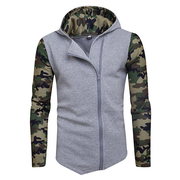 Mens Fashion Camouflage Hoodies Diagonal Zip Up Patchwork Hip Hop Sportwear