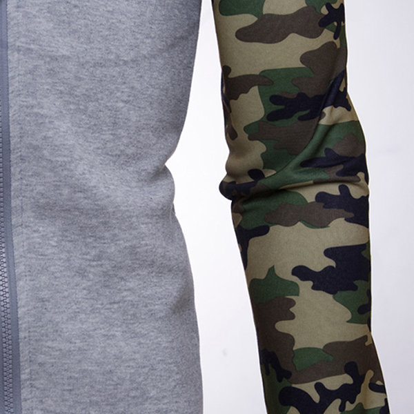 Mens Fashion Camouflage Hoodies Diagonal Zip Up Patchwork Hip Hop Sportwear