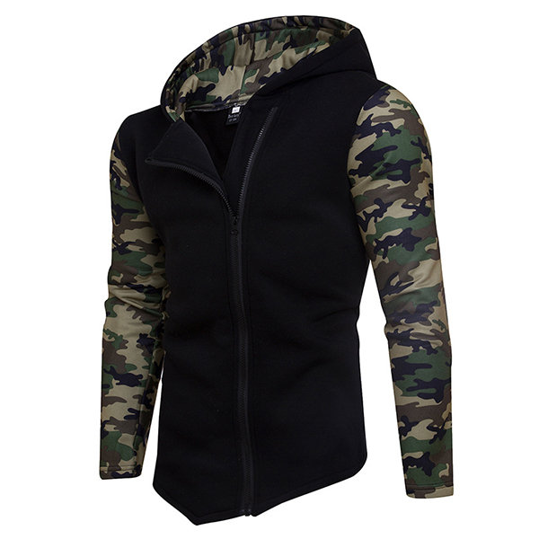 Mens Fashion Camouflage Hoodies Diagonal Zip Up Patchwork Hip Hop Sportwear