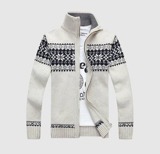 Men's Autumn/Winter Knitted Slim Fit Zipped Sweater With Snow Design