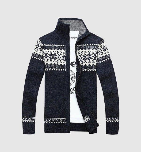 Men's Autumn/Winter Knitted Slim Fit Zipped Sweater With Snow Design