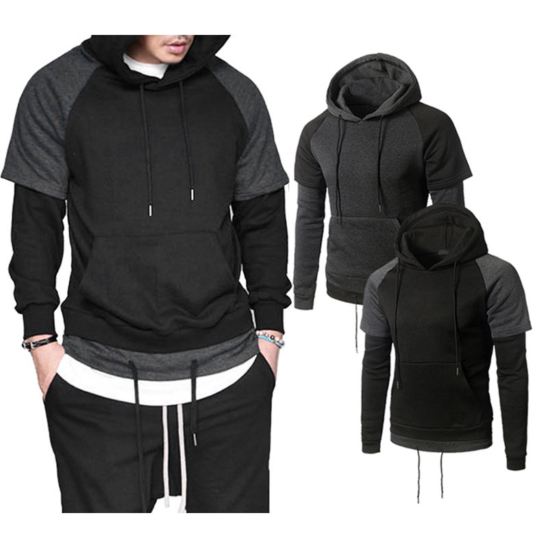 Mens Casual Pullover Drawstring Stitching Color Hooded Cotton Hoodies Sweatshirts